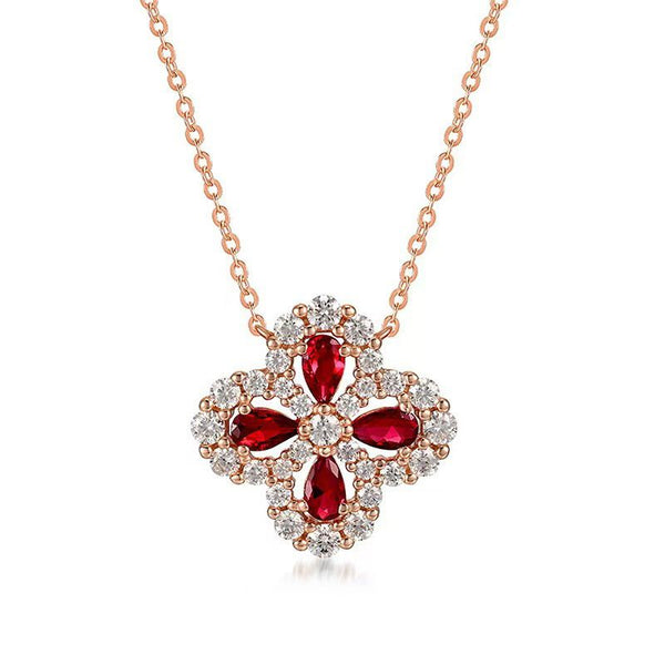 N022- Custom Lab Grown Ruby Flower Shape Necklace