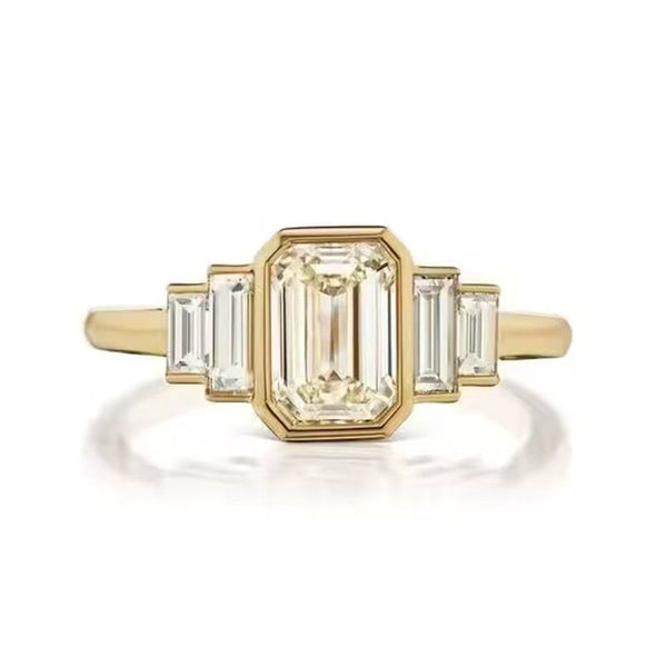 R063-Custom 3CT Emerald Cut Moissanite 1CT Side Stones Ring